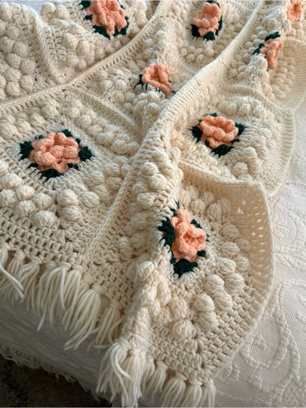 Handmade Cream Crochet Blanket with Peach Floral Squares
